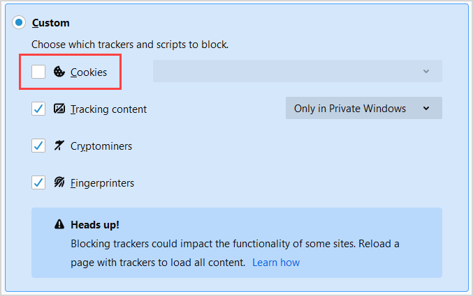 Custom option to allow cookies in Firefox In Firefox under Custom browser privacy option, the Cookies checkbox is unticked.